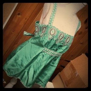 BCBG MaxAzria Green Silk Embroidered Camisole
